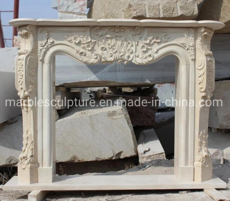 Classic Beige Marble Fireplace Mantel Carved Flowers (SYMF-313)