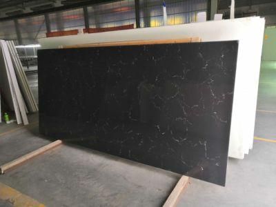 Artificial Cararra Black Quartz Stone with Many Veins Slab for Kitchen Countertop