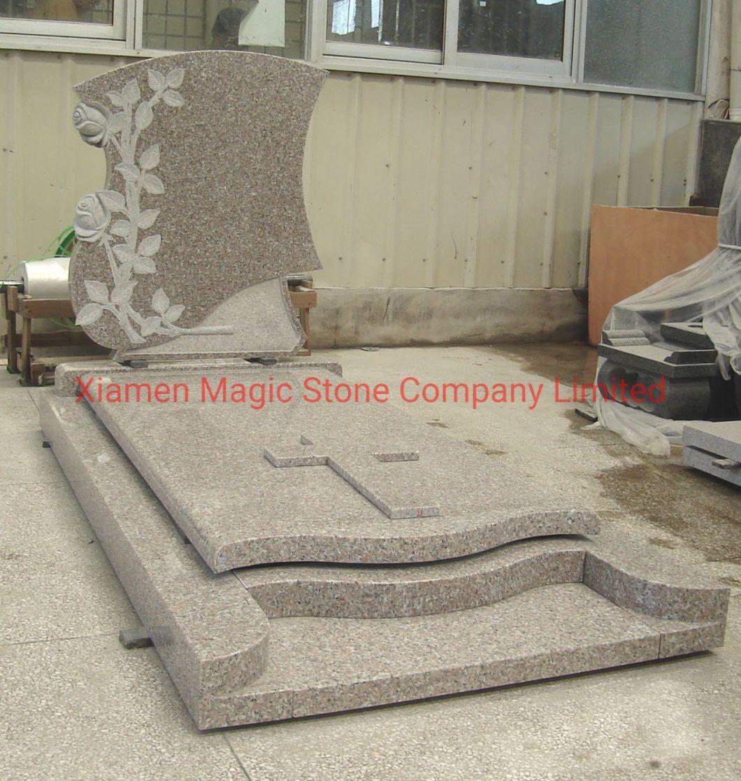 Factory Sale Polished Granite Gravestone Flower Design Headstone with Cross