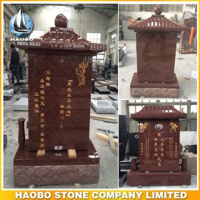 Chinese Style Monument Roof Top Red Granite Tombstone