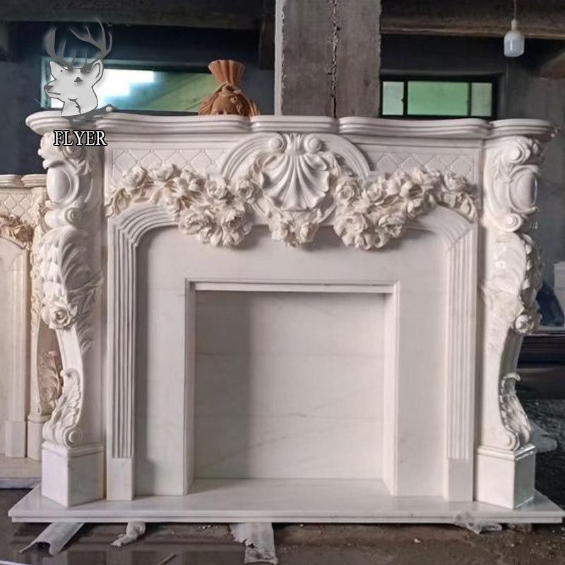 Home Decoration Freestanding White Marble Fireplaces Mantel with Carving Flowers
