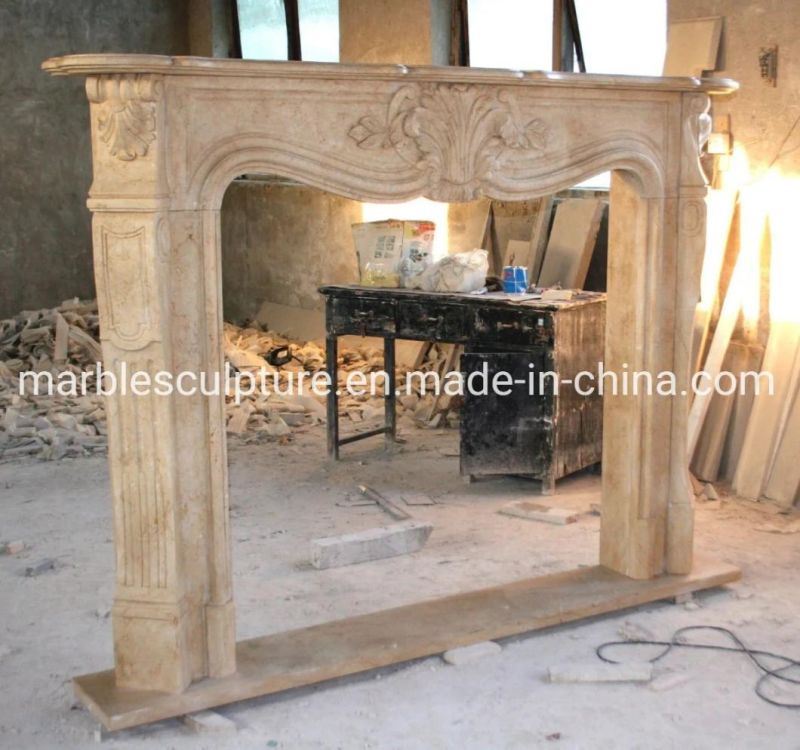 Customized Beige Stone Marble Carving Indoor Mantel Surround Fireplace (SYMF-095)