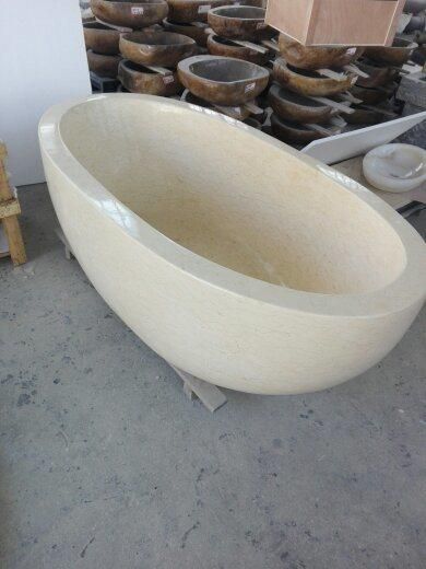 Well Polished Natural Stone Soaking Bathtub Golden Line Cream Marble