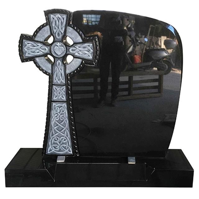 Customized Shanxi Black Granite Headstone with Hand Carved Celtic Cross
