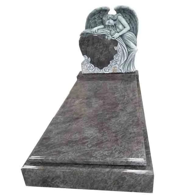 Bahama Blue Granite Gravestone with Antique Angel Holding Heart