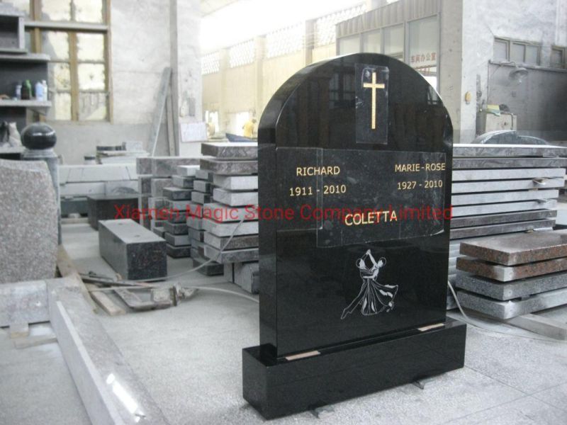 High Quality Absolute Black Granite Monument Headstone European Carved Tombstone