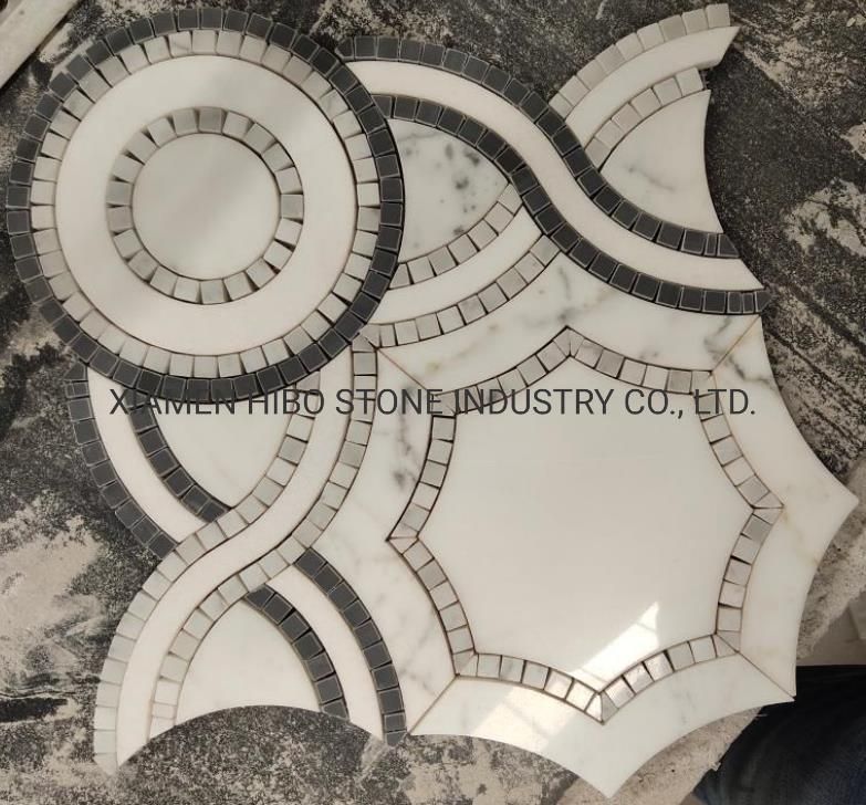 Natural Stone Marble Pure White Thassos and Shell Waterjet Flower Pattern Mosaic Tile Waterjet Tile