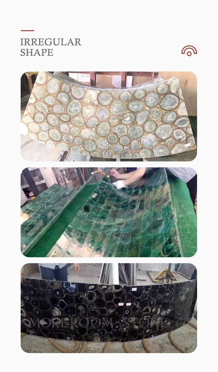 Luxury Translucent Backlit Gemstone Blue Agate Semi Precious Stones Residential Design Background Wall Kitchen Island Bar Countertop