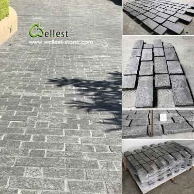 G684 Dark Black Basalt Granite Cobble Paving Stone on Meshed Mats for Driveway