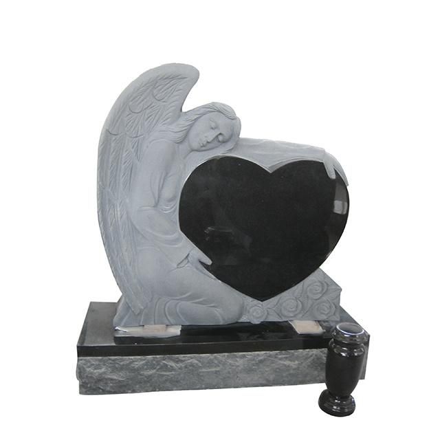 Black Granite Angel Engraved Wings Holding Heart Headstone for Memorial Graves