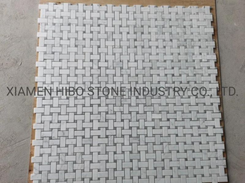 Italian Bianco Carrara White and Bardiglio Grey Dots Basketweave Mosaics