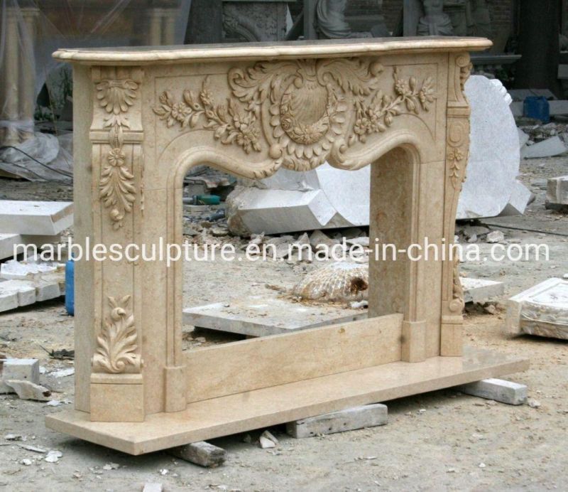 Classic Beige Marble Fireplace with Good Hand Carved (SYMF-201)
