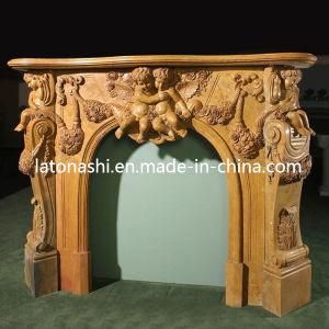 Indoor Fireplaces, Yellow Marble Stone Carved Fireplace for Home Decoration