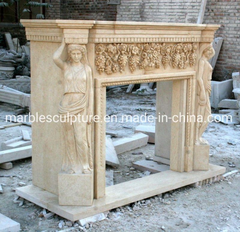 Beautiful Design Lady Statue Beige Marble Fireplace (SYMF-108)