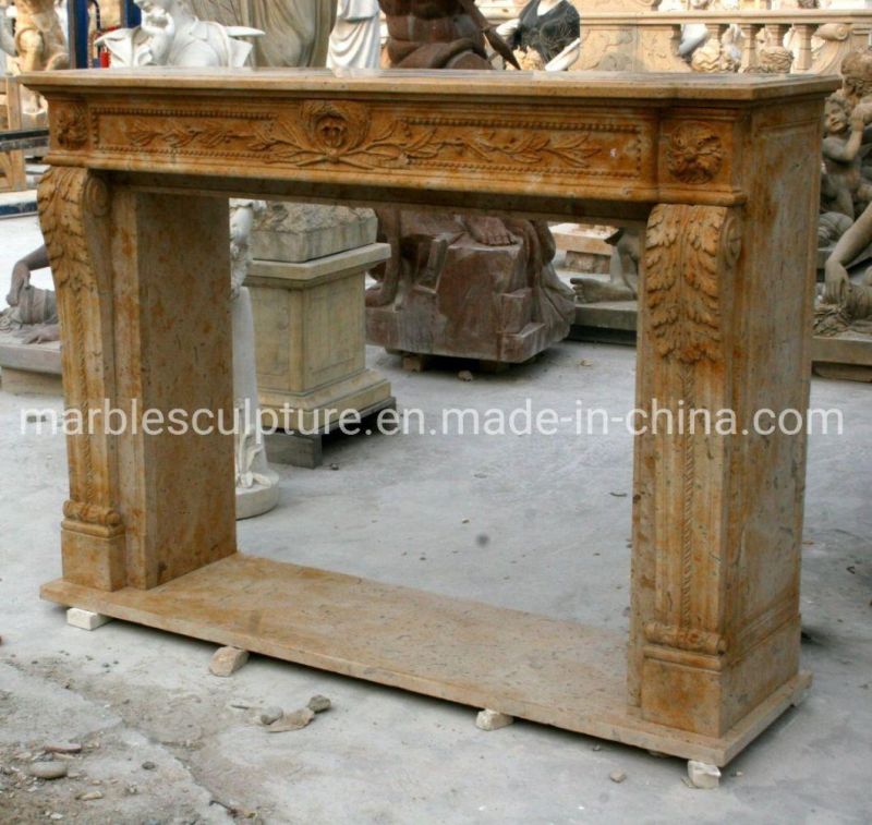 Antique Middle Yellow Marble Fireplace with Hand Carving (SYMF-257)