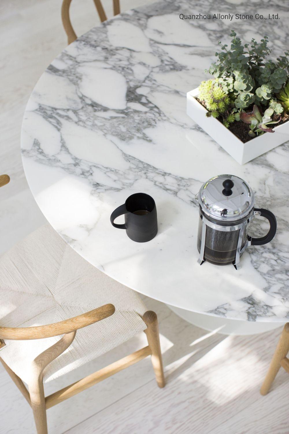 Round Arabescato White/Volakas White Stone Coffee Marble Table Top